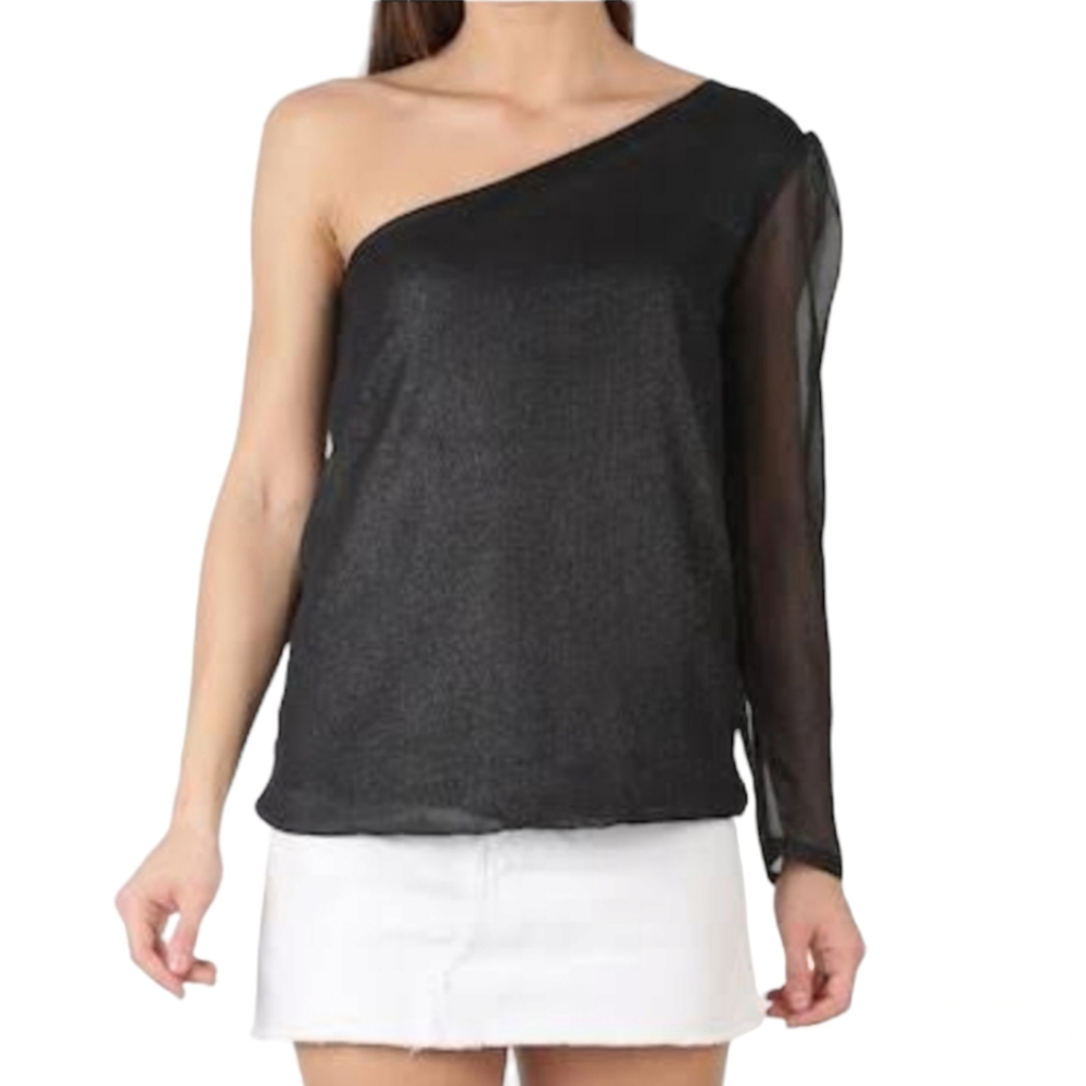 Rachel Roy black one shoulder mesh sleeve "satin" blouse, size Small, NWT